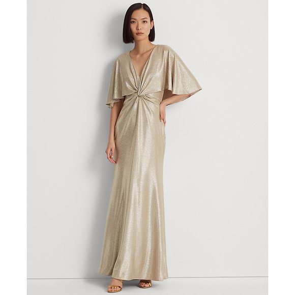 Lauren Ralph Lauren Womens Foil-Print Jersey Cape Birch Tan Gold Foil 4 - Picture 1 of 4